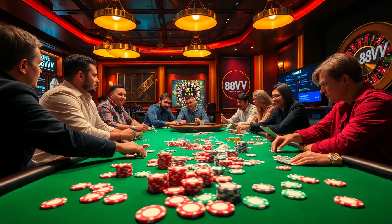 88VV players strategizing at a poker table with vibrant chips and cards in action.