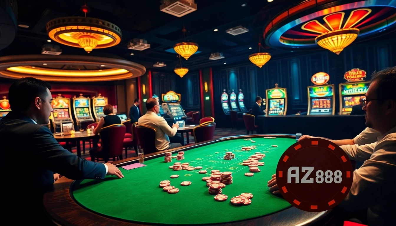 Experience the thrill of AZ888 as players engage in an electrifying poker game surrounded by vibrant casino elements.